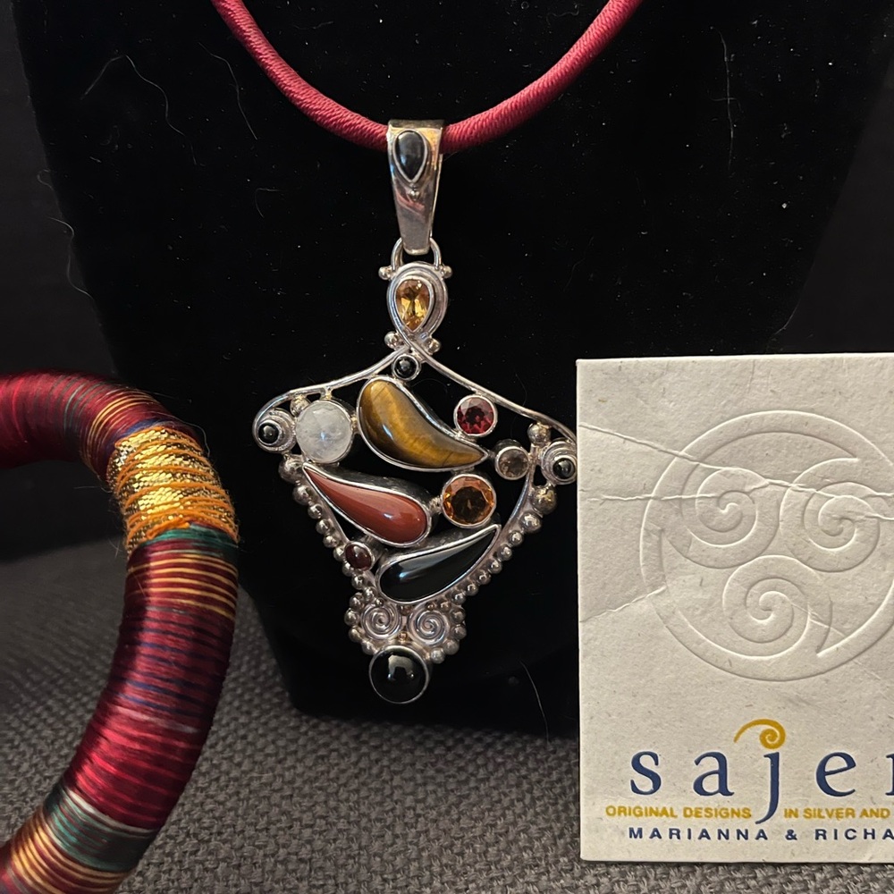 Multi-stone Sterling Silver Filigree Pendant on Red Silk Cord